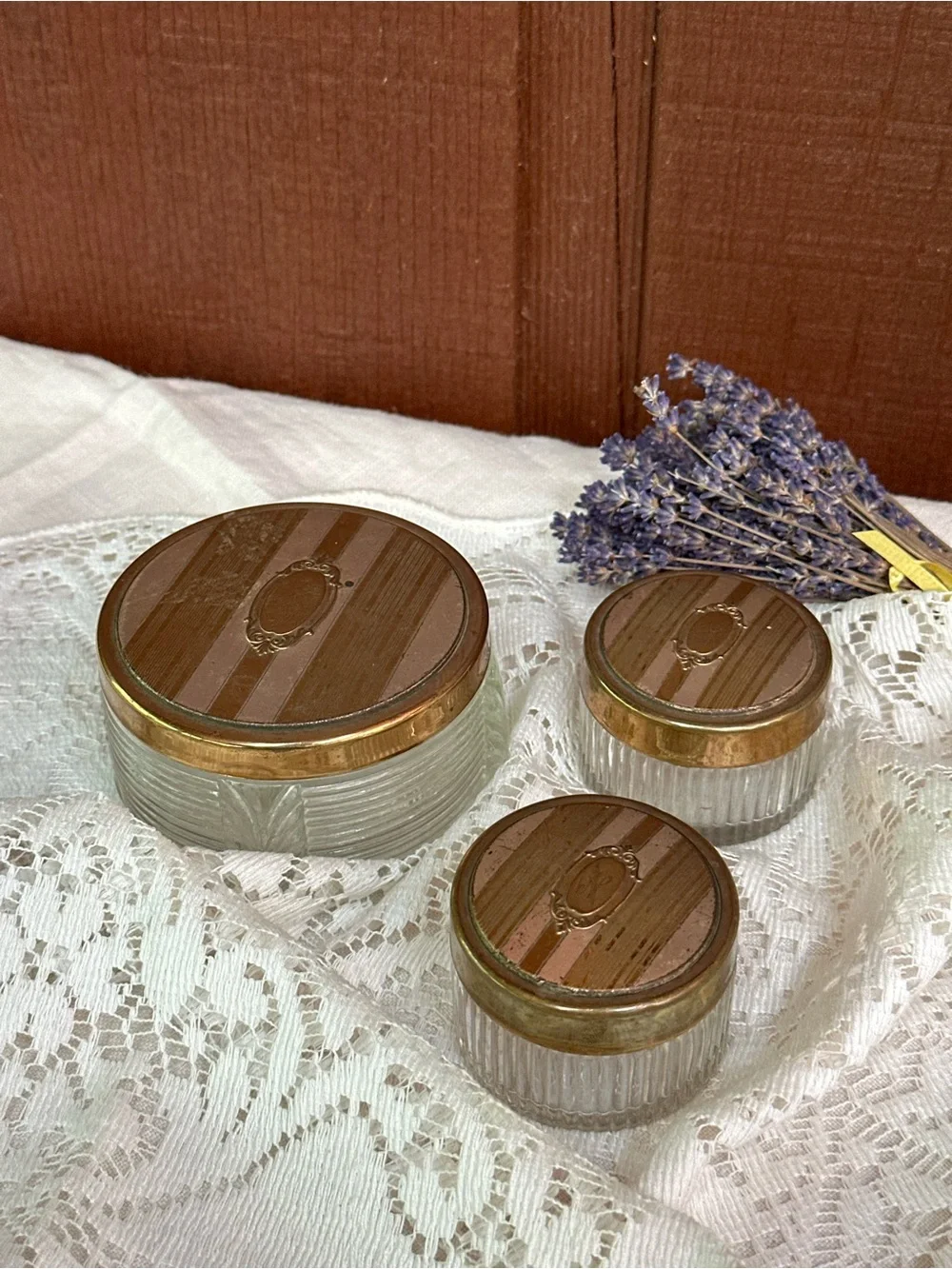 3-Piece Ribbed Clear Glass Vanity Powder Jar Set w/ Gold Tone Metal Lids